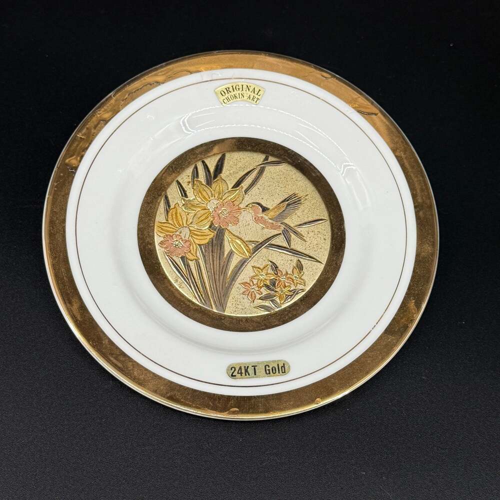 Vintage Art of Chokin 24K Gold Edged Hummingbird & Daffodil Porcelain Plate